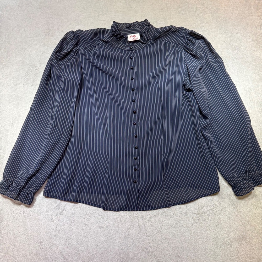 Vintage Navy Pinstripe Ruffle High Neck Puff Sleeve Button Up Blouse Top Sheer